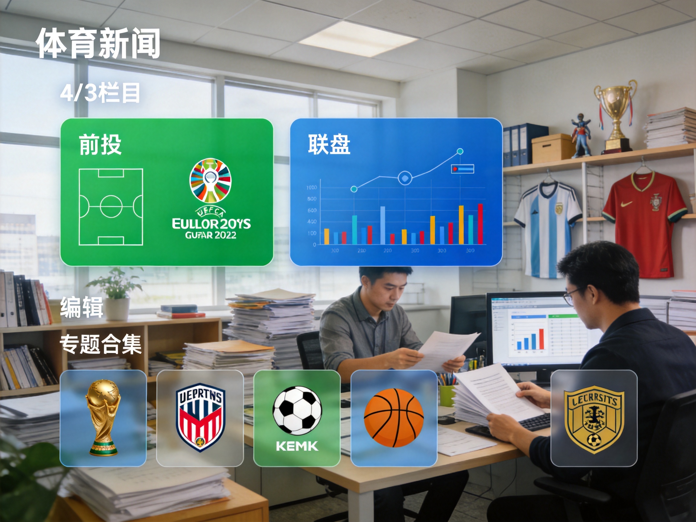 体育热点新闻与专题栏目示意图，展示前瞻、复盘与专题合集的编辑分类